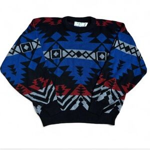 Vintage American Weekend Knit Grandpa Sweater Geometric Colorblock Men Large
